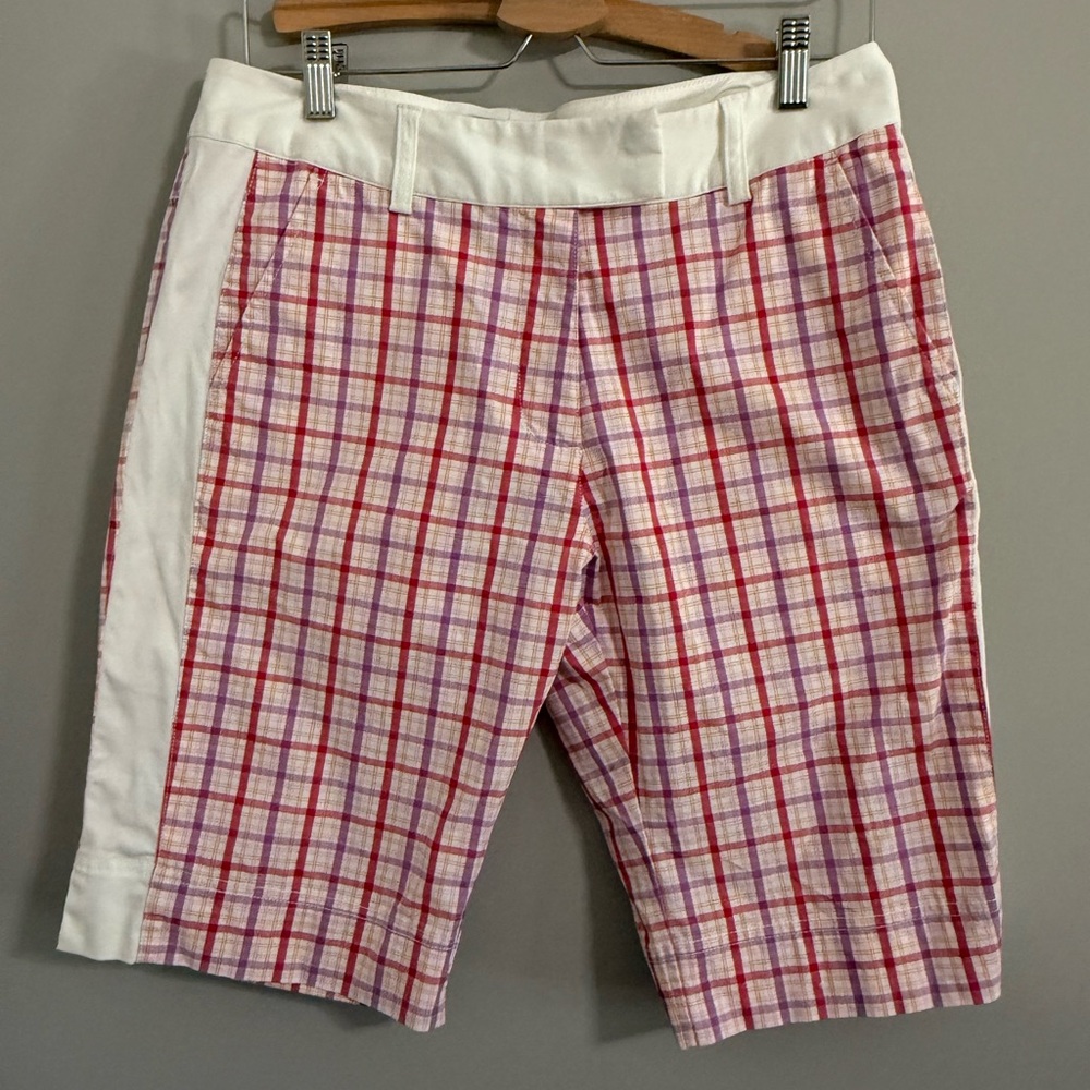 Adidas Bermuda Shorts Womens Pink White Plaid Casual Golf Summer Long Shorts
